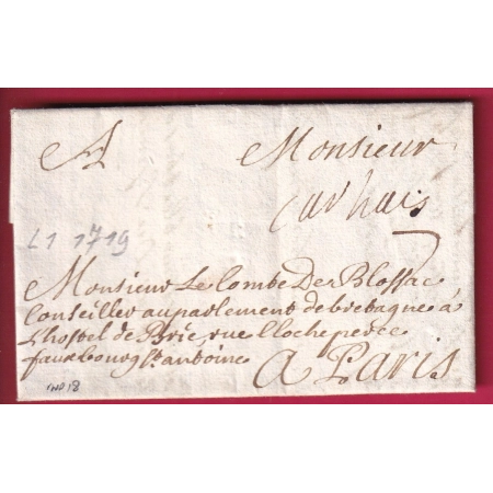 MARQUE MANUSCRIT CARHAIX FINISTERE 1719 LENAIN N°1 INDICE 18 POUR PARIS LETTRE COVER FRANCE
