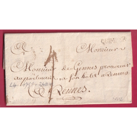 MARQUE QUIMPER FINISTERE LENAIN N°4 1751 POUR RENNES FINISTERE ILLE ET VILAINE INDICE 12 LETTRE COVER FRANCE