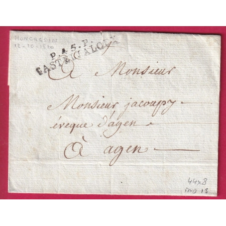 MARQUE P45P CASTELJALOUX LOT ET GARONNE MONCASSIN 1810 POUR AGEN INDICE 13 LETTRE COVER FRANCE
