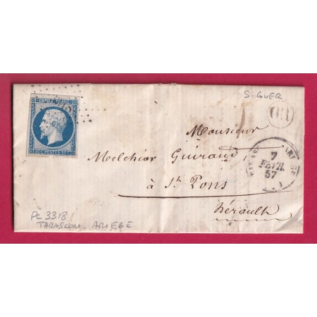 N°14 PC 3318 TARASCON ARIEGE  SIGUER POUR ST PONS HERAULT LETTRE COVER FRANCE