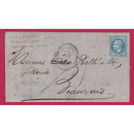 N°29 CAD TYPE 23 ANNOEULIN NORD 30 JUILLET 1871 BOITE URBAINE POUR BEAUVAIS INDICE 21 LETTRE COVER FRANCE