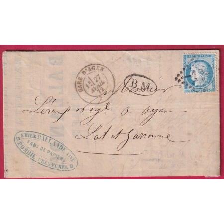 N°60 GARE D'AGEN TYPE 17 BM BOITE MOBILE POMBIE POMBIER PRES FUMEL LOT ET GARONNE POUR AGEN LETTRE COVER FRANCE