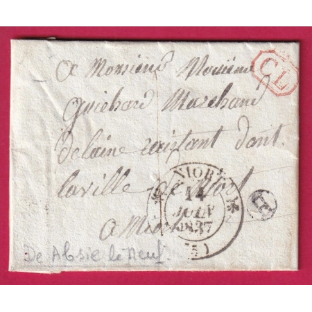 CAD TYPE 12 NIORT DEUX SEVRES BOITE RURALE H ABSIE LE NEUF CL ROUGE TAXE LOCALE 1 1837 LETTRE COVER FRANCE