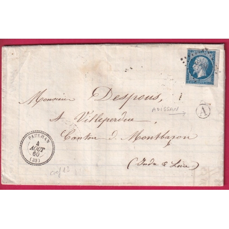 N°14 BDF PC 2391 PAULHAN HERAULT CAD TYPE 22 BOITE RURALE A ADISSAN MONTBARRON INDRE ET LOIRE LETTRE COVER FRANCE