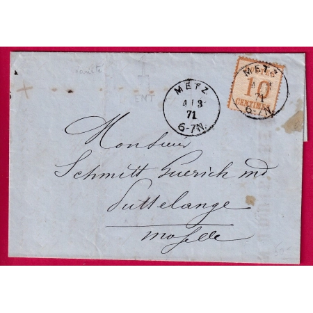 ALSACE LORRAINE N°5 CAD METZ MOSELLE POUR PUTTELANGE 1871 LETTRE COVER FRANCE