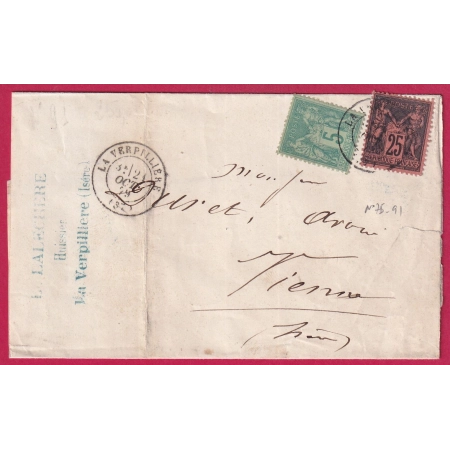 N°75 + 91 LA VERPILLIERE ISERE POUR VIENNE LETTRE COVER FRANCE