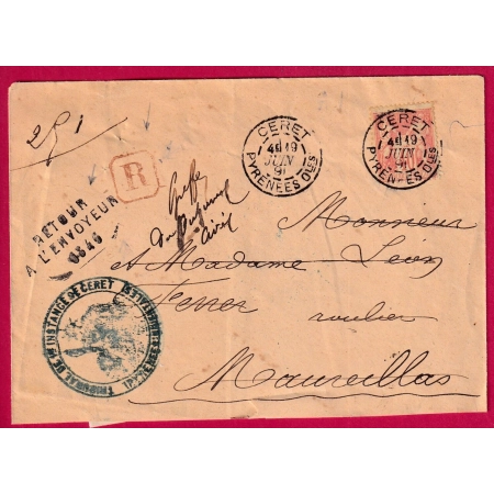 N°70 CAD CERET PYRENEES ORIENTALES RETOUR ENVOYEUR 6346 MAUREILLAS LETTRE COVER FRANCE