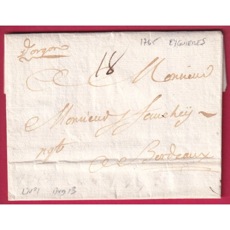 MARQUE MANUSCRIT  ORGON BOUCHES DU RHONE TEXTE EIGUIERES 1765 LENAIN N°1 LETTRE COVER FRANCE