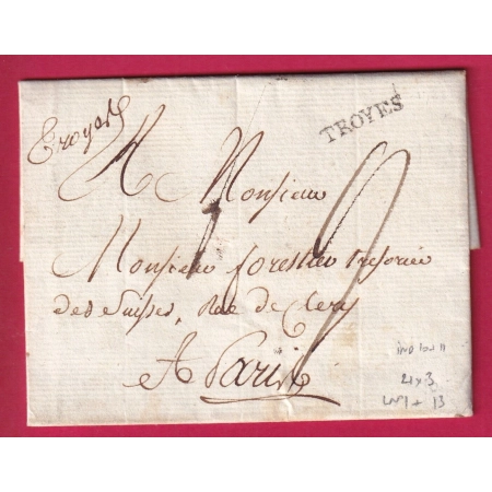 MARQUE MANUSCRIT + LN°13 TROYES AUBE 1788 POUR PARIS LETTRE COVER FRANCE