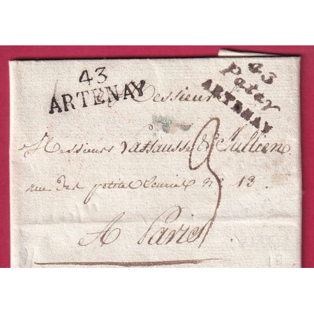 DOUBLE CURSIVE 43 PATAY ARTENAY LOIRET + MARQUE 43 ARTENAY POUR PARIS 1826 LETTRE COVER FRANCE