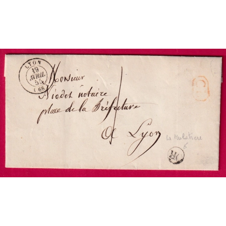 CAD TYPE 15 LYON RHONE CL ROUGE TAXE LOCALE 1 OR LA MULATIERE POUR LYON 1855 LETTRE COVER FRANCE