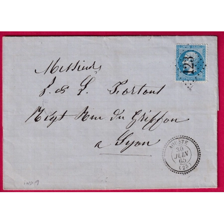 N°22 GC 123 AOUSTE DROME CAD TYPE 22 POUR LYON RHONE 1865 LETTRE FRANCE