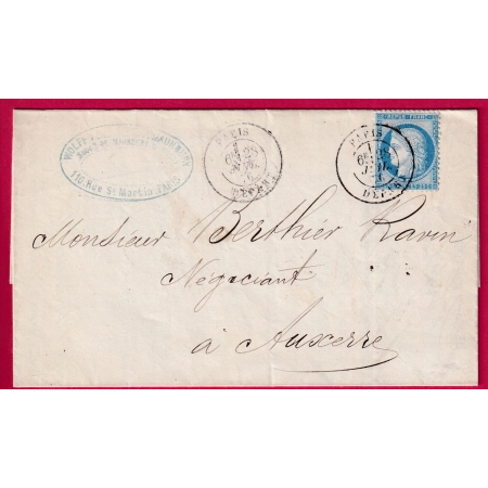 N°60 CAD PARIS DEPART TYPE 17 DU 28 JUILLET 1876 POUR AUXERRE YONNE LETTRE COVER FRANCE