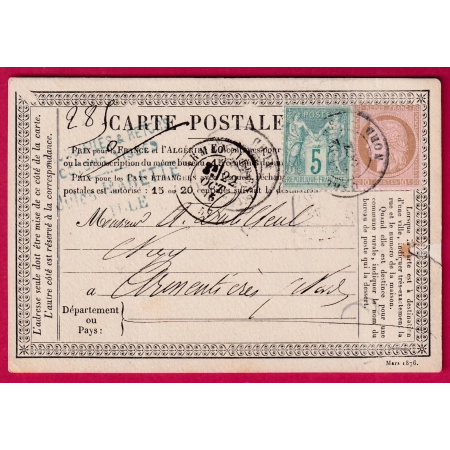 N°54 64 CAD GARE DE LILLE POUR ARMENTIERES NORD CARTE PRECURSEUR MIXTE SAGE CERES LETTRE COVER FRANCE