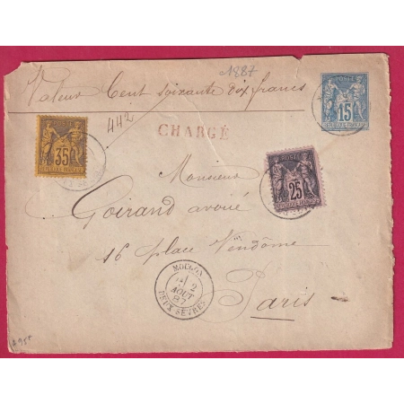 ENTIER SAGE + N° 93 97 MOUGON DEUX SEVRES 1887 DEVANT DE LETTRE CHARGE POUR PARIS COVER FRANCE