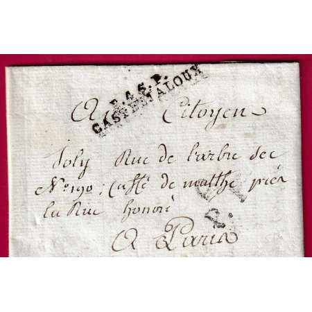 MARQUE P45P CASTELJALOUX LOT ET GARONNE + PP BONNET PHRYGIENS PARIS AN9 1801 LETTRE COVER FRANCE