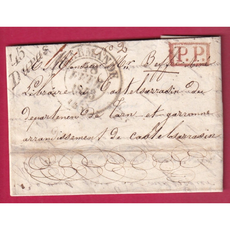 CURSIVE 45 DURAS LOT ET GARONNE TYPE 13 MARMANDE + PP EN ROUGE POUR CASTELSARRASIN 1843 LETTRE INDICE 10