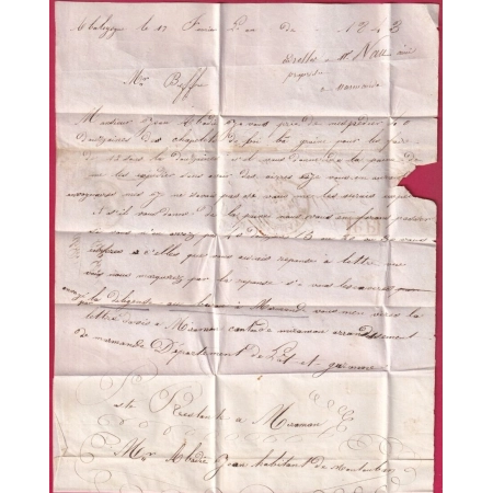CURSIVE 45 DURAS LOT ET GARONNE TYPE 13 MARMANDE + PP EN ROUGE POUR CASTELSARRASIN 1843 LETTRE INDICE 10