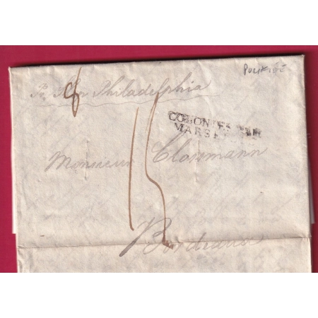 LETTRE PURIFIEE MARQUE COLONIES PAR MARSEILLE TEXTE PHILADELPHIE USA 1825 EPIDEMIE CHOLERA BORDEAUX LETTRE COVER FRANCE