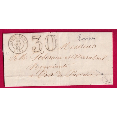 CAD TYPE 15 CASTELJALOUX LOT ET GARONNE BOITE RURALE J PINDERES 1857 PORT DE PASCAU LETTRE COVER FRANCE