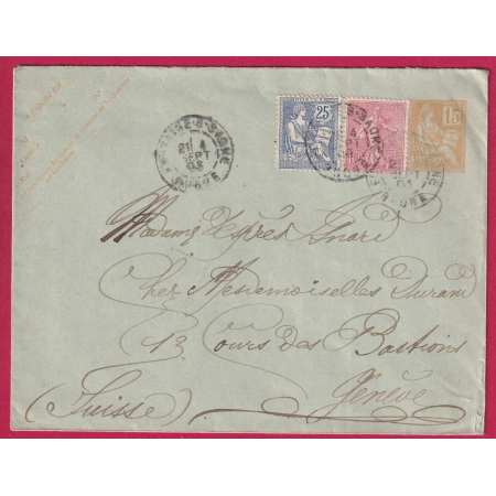 ENTIER MOUCHON 15C ORANGE + N°127 129 FONTAINE SUR SAONE RHONE GENEVE SUISSE 1903 LETTRE COVER FRANCE