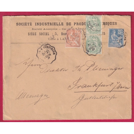 N°111 117 118 TYPE BLANC MOUCHON CONVOYEUR LIGNE SOISSONS A COMPIEGNE 1901 FRANCFORT ALLEMAGNE LETTRE COVER FRANCE