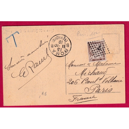 TIMBRE TAXE TYPE DUVAL 10C MARRON OBLITERATION ANCRE DEPART ROME ROMA ITALIE POUR PARIS COVER FRANCE