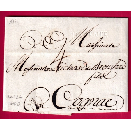 MARQUE A SEC CHARENTE LENAIN N°2A INDICE 13 1761 POUR COGNAC LETTRE COVER FRANCE