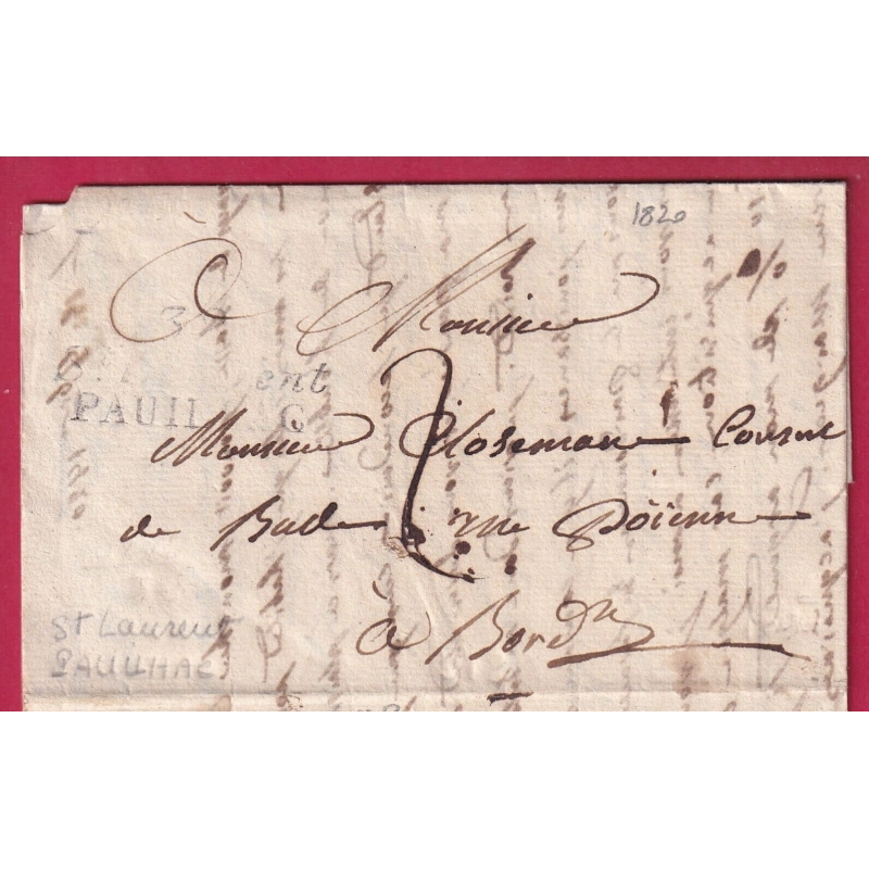 DOUBLE CURSIVE 32 ST LAURENT PAULHAC GIRONDE 1820 POUR BORDEAUX INDICE 18 LETTRE COVER FRANCE