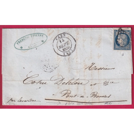N°4 GRILLE CAD TYPE 14 CAEN CALVADOS CURSIVE 45 PONT DE BORDES LOT ET GARONNE AU DOS LETTRE COVER FRANCE