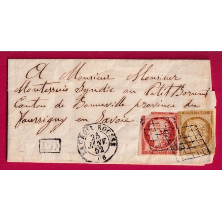 N°1 + 5 GRILLE LA CROIX ROUSSE RHONE 1852 POUR LE PETIT BORNAND HAUTE SAVOIE LETTRE COVER FRANCE