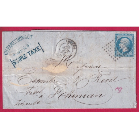 N°22 PC 85 AMIENS SOMME GRIFFE SIMPLE TAXE POUR ST CHINIAN HERAULT LETTRE COVER FRANCE