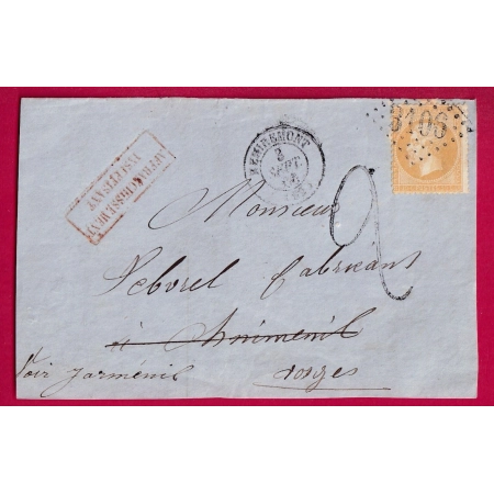 N°21 GC 3106 REMIREMONT VOSGES TAXE TAMPON 2 AFFRANCH INSUFF JARMENIL DEVANT LETTRE COVER FRANCE
