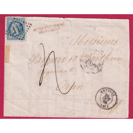 N°29 GC 117 ANTIBES ALPES MARITIMES TAXE 4 ORAN ALGERIE GRIFFE FAB LOCALE AFFRANCHI INSUFF DEVANT DE LETTRE COVER FRANCE