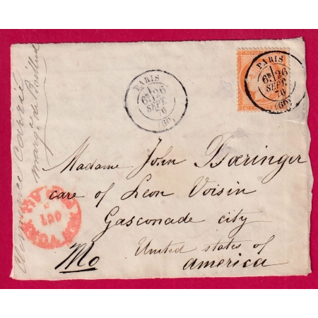 N°38 CAD PARIS 26 SEPT 1876 POUR GASCONADE CITY USA ETATS UNIS AMERIQUE MISSOURI LETTRE COVER FRANCE