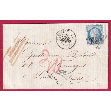 N°60 GC 1094 COMPIEGNE OISE TAXE CRAYON 30 POUR BALE SUISSE GRIFFE FAB LOCALE AFFRANC INSUF LETTRE COVER FRANCE