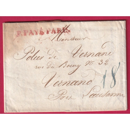 MARQUE PORT PAYE PARIS TAXE BLEUE 18 POUR VERNAND LAUSANNE SUISSE 1820 LETTRE COVER FRANCE