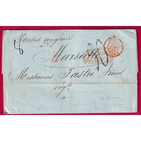 LETTRE DE ST PIERRE MARTINIQUE 1853 VOIE ANGLAISE TAXE TAMPON 30 DOUBLE PORT LETTRE COVER FRANCE
