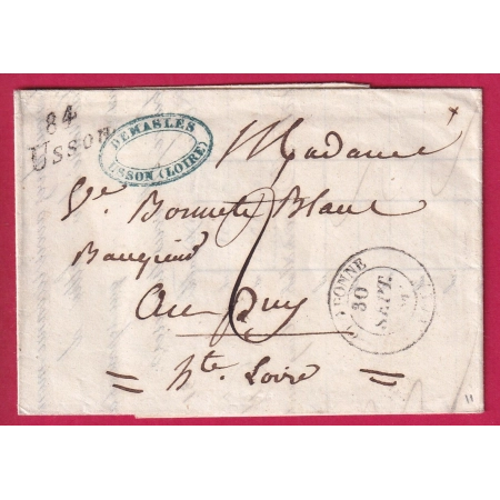 CURSIVE 84 USSON LOIRE + CAD TYPE 14 CRAPONNE 1843 POUR LE PUY LETTRE COVER FRANCE