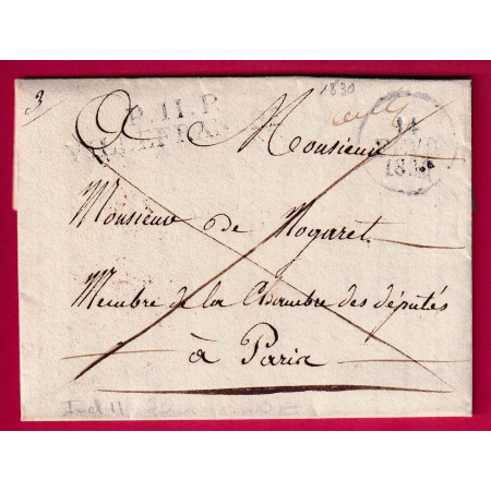 MARQUE P11P VILLEFRANCHE DE ROUERGE AVEYRON 1830 POUR PARIS DEPUTE NOGARET LETTRE COVER FRANCE