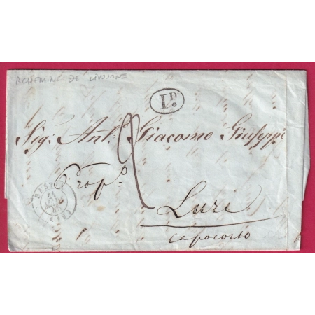CAD TYPE 15 BASTIA CORSE DECIME RURAL ACHEMINEE DE LIVOURNE LIVORNO ITALIE ITALIA 1845 POUR LURI CORSE T13 ROGLIANO