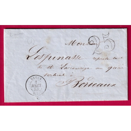 CAD TYPE 15 BAZAS GIRONDE BOITE RURALE Q BEAULAC TAXE TAMPON 25 POUR BORDEAUX LETTRE FRANCE