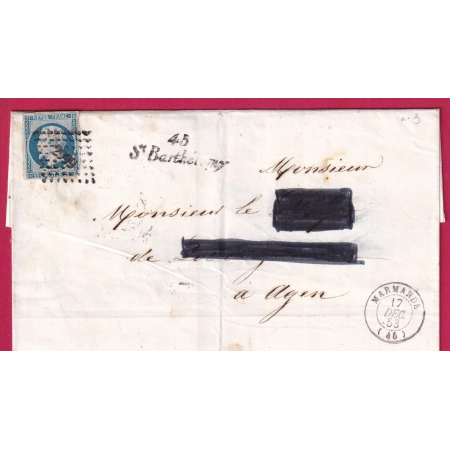 N°10 CURSIVE ST BARTHELEMY PC 2999 LOT ET GARONNE T15 MARMANDE POUR AGEN 1853 LETTRE COVER FRANCE