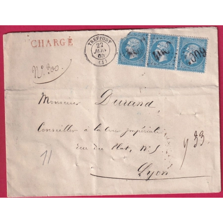 N°22 BANDE DE 3 GC 4009 TREFFORT AIN LETTRE CHARGE POUR LYON FRANCE