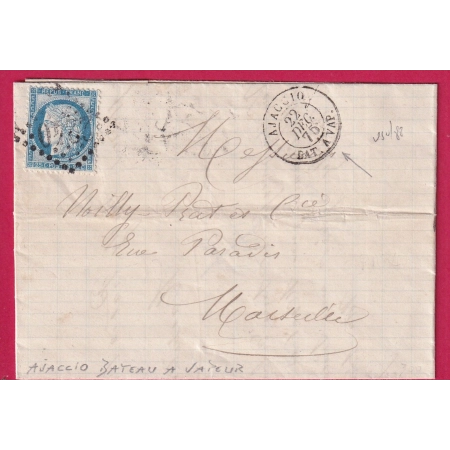 N°60 CAD AJACCIO BATEAU A VAPEUR 1875 GC 2240 POUR MARSEILLE BOUCHES DU RHONE LETTRE FRANCE ETIQUETTE PUB