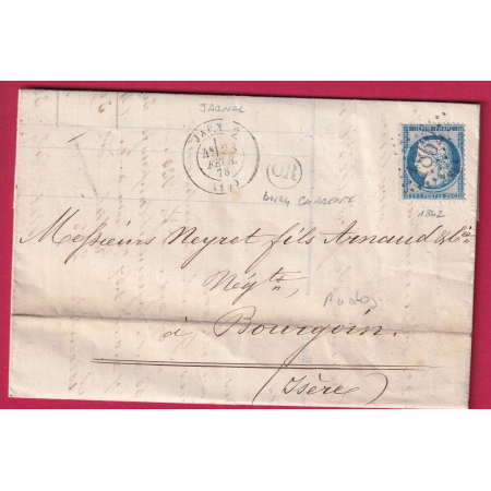 N°60 GC 1862 JARNAC CHARENTE OR BOURG CHARENTE POUR BOURGOIN ISERE LETTRE FRANCE ETIQUETTE PUB