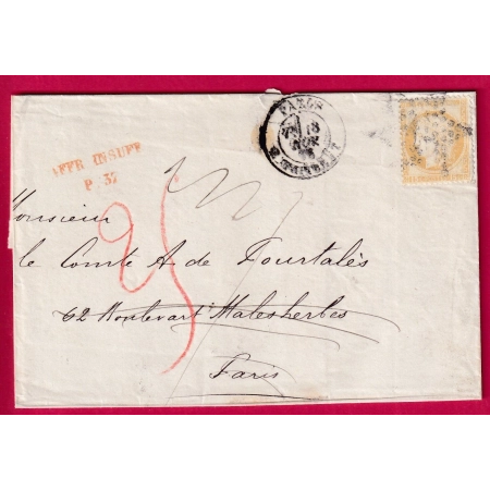 N°55 PARIS R TAITBOUT TAXE 25C ROUGE AFFR INSUFF P37 BT MALESHERBES REEXP DOURDAN SEINE ET OISE LETTRE FRANCE