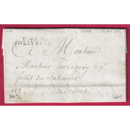 MARQUE P45P STE LIVRADE 1819 LOT ET GARONNE INDICE 14 POUR BORDEAUX  LETTRE FRANCE