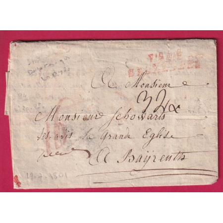 MARQUE CONQUIS P91P BRUXELLES BELGIQUE POUR BAYREUTH ALLEMAGNE 1801 LETTRE FRANCE
