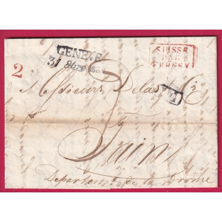 MARQUE GENEVE SUISSE 1838 ENTREE SUISSE PAR FERNEY EN ROUGE POUR TAIN DROME LETTRE FRANCE